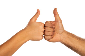 Two hands showing thumbs up, isolated on white.