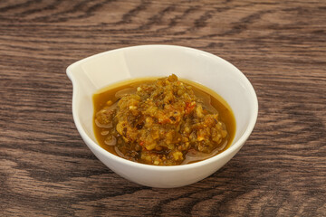 Green spicy sauce in the bowl