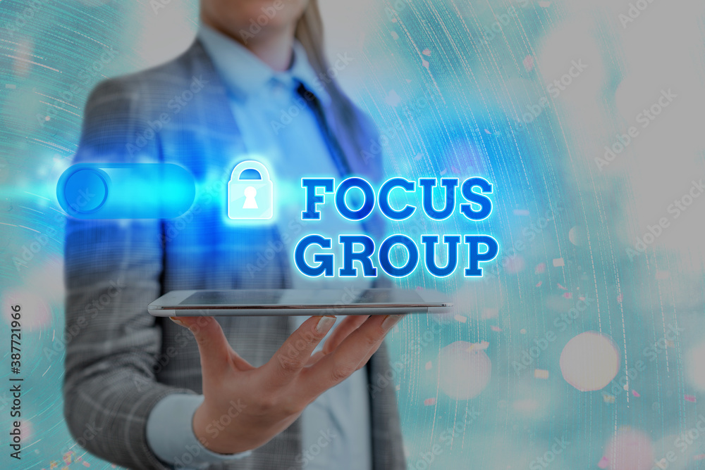 Poster Text sign showing Focus Group. Business photo showcasing showing assembled to participate in discussion about something Graphics padlock for web data information security application system