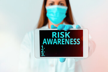 Writing note showing Risk Awareness. Business concept for recognizing factors that may cause a...