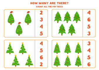 Naklejka premium How many fir trees are there. Educational math game for kids.