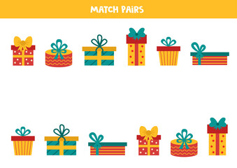 Match pairs of Christmas present boxes. Logical worksheet for children.