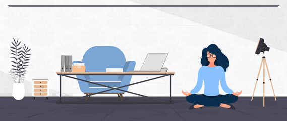 The girl is meditating in the room. Woman practices yoga in the office. Sport and healthy lifestyle concept. Vector.