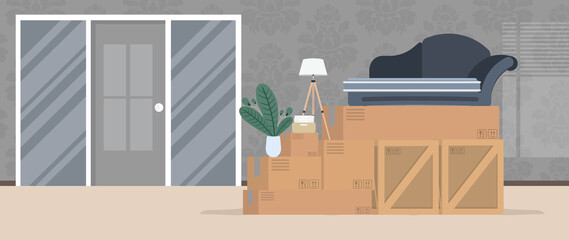 Moving home banner. Moving to a new place. Wooden boxes, cardboard boxes, sofa, houseplant, floor lamp. Vector.