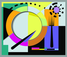 Colorful background, expressionism  art style,abstract plate and fork