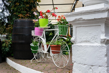 Fototapeta na wymiar Beautiful flower decoration on bike. Bright indoor flowers are located in the city.