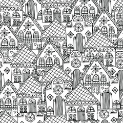 Obraz premium Pattern with beautiful houses. Christmas gingerbread houses. New Year's street. Coloring book for children and adults. anti-stress with small details. architecture. For banner, coloring, wallpaper, 