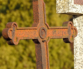 metal tombstone crosses from the old cemetery in the village of Niewodnica in Podlasie, Poland, November 2019