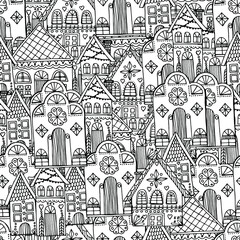 Obraz premium Pattern with beautiful houses. Christmas gingerbread houses. New Year's street. Coloring book for children and adults. anti-stress with small details. architecture. For banner, coloring, wallpaper, 
