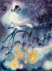 Children's illustration of Moon walking on dark sky over city houses. Picture created with watercolors.