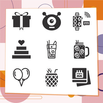 Simple set of 9 icons related to birthday