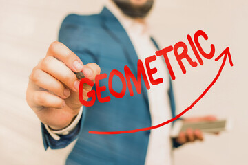 Writing note showing Geometric. Business concept for using straight or curved lines in designs and many more. Digital arrowhead curve denoting growth development concept