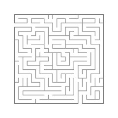 Logic maze game. Find a way out, a tangled path. Square with black lines on an isolated white background. Vector illustration. For print and web.