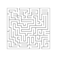 Logic maze game. Find a way out, a tangled path. Square with black lines on an isolated white background. Vector illustration. For print and web.