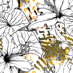 Fototapeta premium Floral Black White Pattern. Modern Watercolor