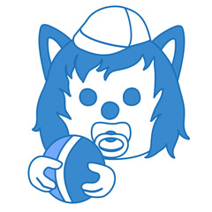 Obraz premium baby wolf in cap with a pacifier in his mouth and holding a ball in his hands, vector emoticon on white isolated background
