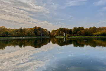 Sunrise beautifully illuminates the distant Rostral columns on the lake shore