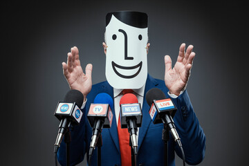 Politician wearing a fake character mask during his speech - obrazy, fototapety, plakaty