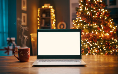 Laptop with blank screen and Christmas tree