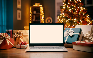 Laptop with blank screen and Christmas gifts