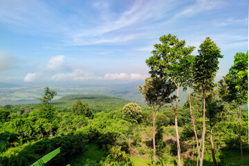 Landscape of forests, lush green mountains and beautiful skies.