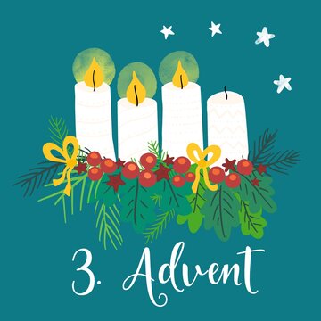 Advent wreath illustration. Christmas arrangements with 4 candles, two burning, bows, berries and pine branches. 2nd Advent. German holiday tradition. Christmas countdown for cards, social media posts