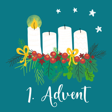 Advent wreath illustration. Christmas arrangements with 4 candles, one burning, bows, berries and pine branches. 1st Advent. German holiday tradition. Christmas countdown for cards, social media posts