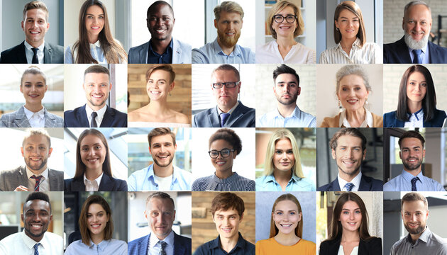 Happy Group Of Multiethnic Business People Men And Women. Different Young And Old People Group Headshots In Collage. Multicultural Faces Looking At Camera.