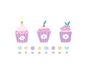 Vector illustration of different cupcakes with text bubbles and hand drawn numbers of followers or subscribers and etc. Greeting card, banner or post constructor.