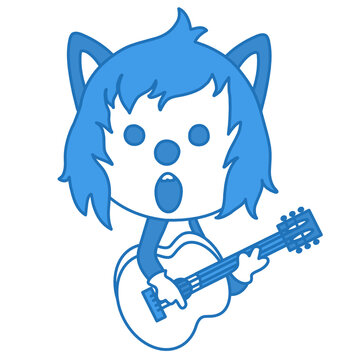 cool wolf plays acoustic guitar and sings, vector emoticon in color, simplified colorful emoji on white isolated background