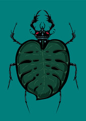 Bug with tropical leaf. Insect withmonstera. Tattoo style vector print. Poster with beetle and exotic flora. Mimicry concept.