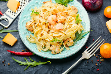 Plate of pasta with shrimps