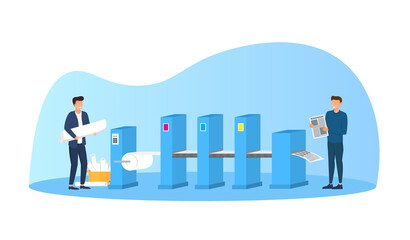 Fototapeta premium Typography concept. Printing presses print the latest edition of the newspaper. Flat vector cartoon illustration with fictional characters.