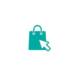 blue shopping bag with cursor arrow. simple icon isolated on blue background.