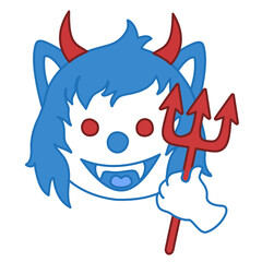 emoji with evil devil wolf with horns, cuspids grinning, holding a trident in his hand, satan or red imp with canine teeth,  vector emoticon on white isolated background