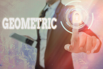 Text sign showing Geometric. Business photo text using straight or curved lines in designs and many more. Graphics padlock for web data information security application system