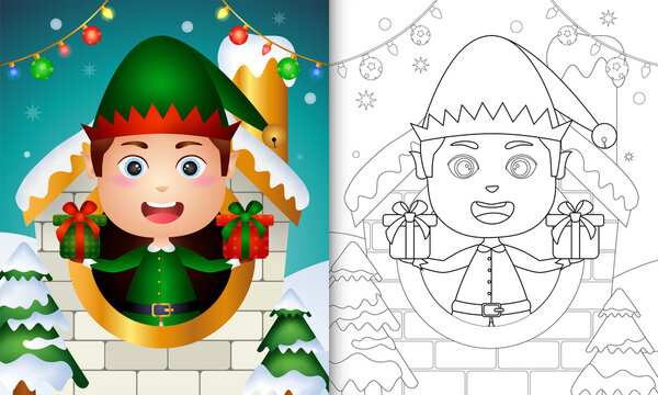 coloring book with a cute boy elf christmas characters inside the house