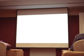Seminar room with blank projector empty white screen for presentation in conference or meeting room, Business meeting and education in teaching classroom concept