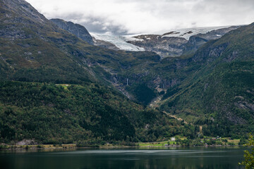 The folgefonna Glacier high above the hardangerfjord in Norway