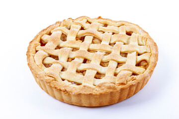 Traditional American Thanks Giving lattice pie isolated on white background. Homemade fruit tart baked to golden crust. Close up, copy space, top view. - obrazy, fototapety, plakaty