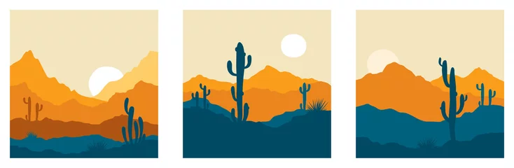 Keuken achterwand Beige Abstract landscape with cactus / Set vector illustrations, backgrounds, triptych, twilight in mexico   © imagination13