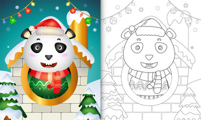 coloring book with a cute panda christmas characters using santa hat and scarf inside the house