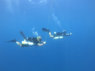 buceadores de buceo profesional y tecnico preparandose para salir a la superficie