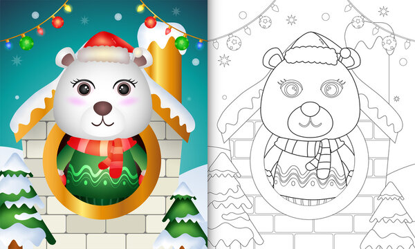 coloring book with a cute polar bear christmas characters using santa hat and scarf inside the house