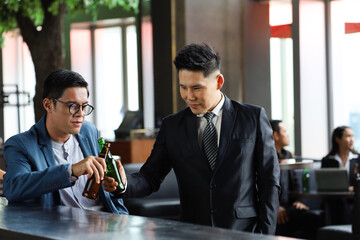 Executive business people greeting and meeting with partner or friends, alcohol drink hang out party and smile cheers together after work
