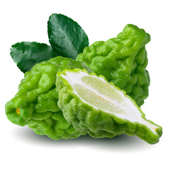 Whole and Half Bergamot fruit with leaf isolated