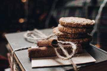 Scandinavian hygge styled Christmas composition. Cozy winter homely scene with books, cookies and cinnamon sticks. Santa Claus working place. Flatlay. Home decor.