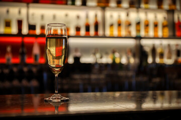 A glass of wine or champagne put on table bar in night club or pub with blur many bottle of alcohol drink background 