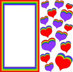 Lots of colorful hearts in the colors of the LGBT community rainbow and frames of red, orange, yellow,green, blue and purple. Congratulations on the holiday of a sex-minority person. Rights protection