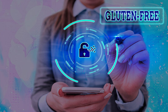 Conceptual hand writing showing Gluten Free. Concept meaning excludes the tenacious elastic protein substance of wheat flour Graphics padlock for web data security application system